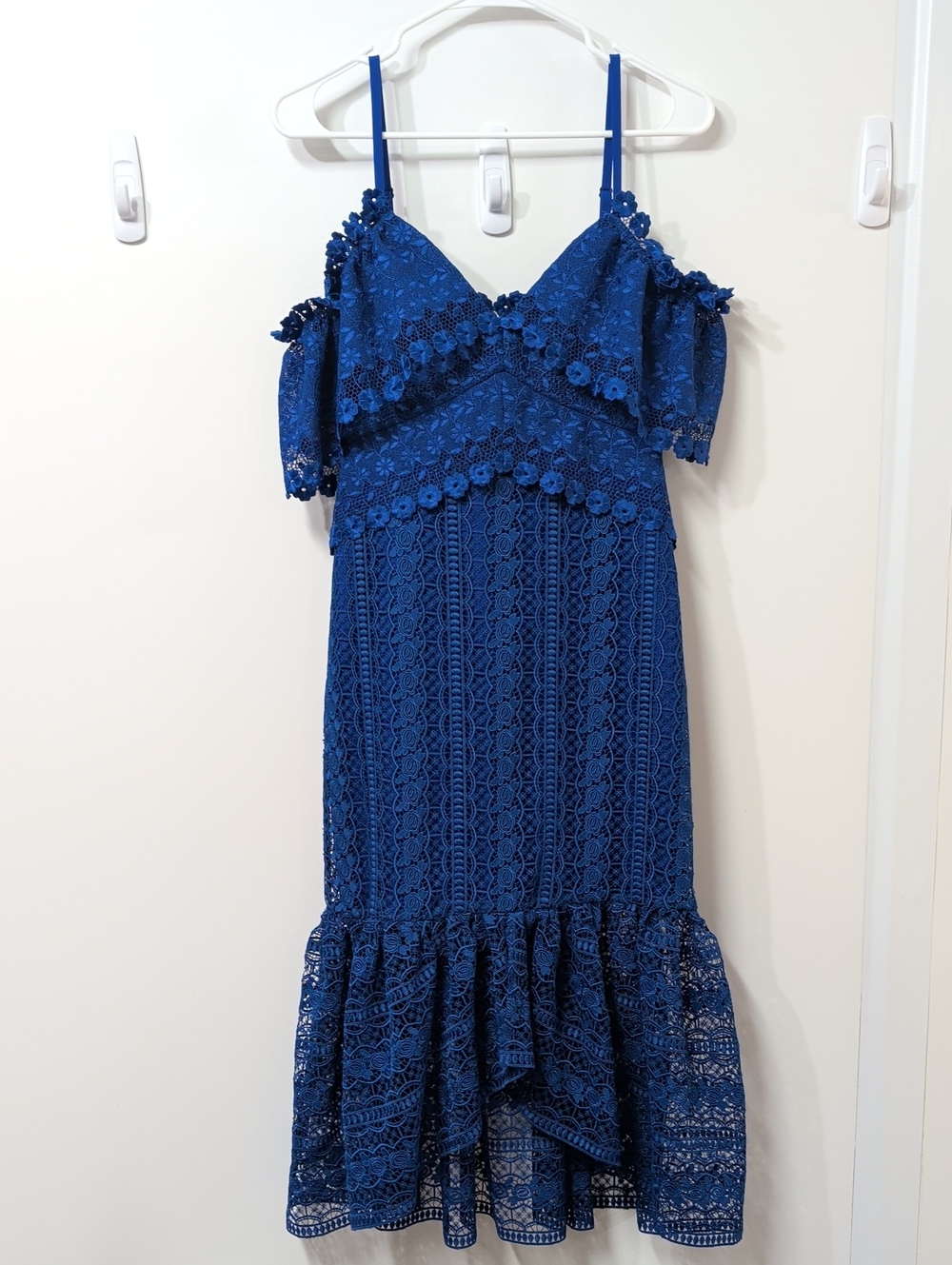 Three Floor Royal Blue Enfold Lace Midi Dress Size 4